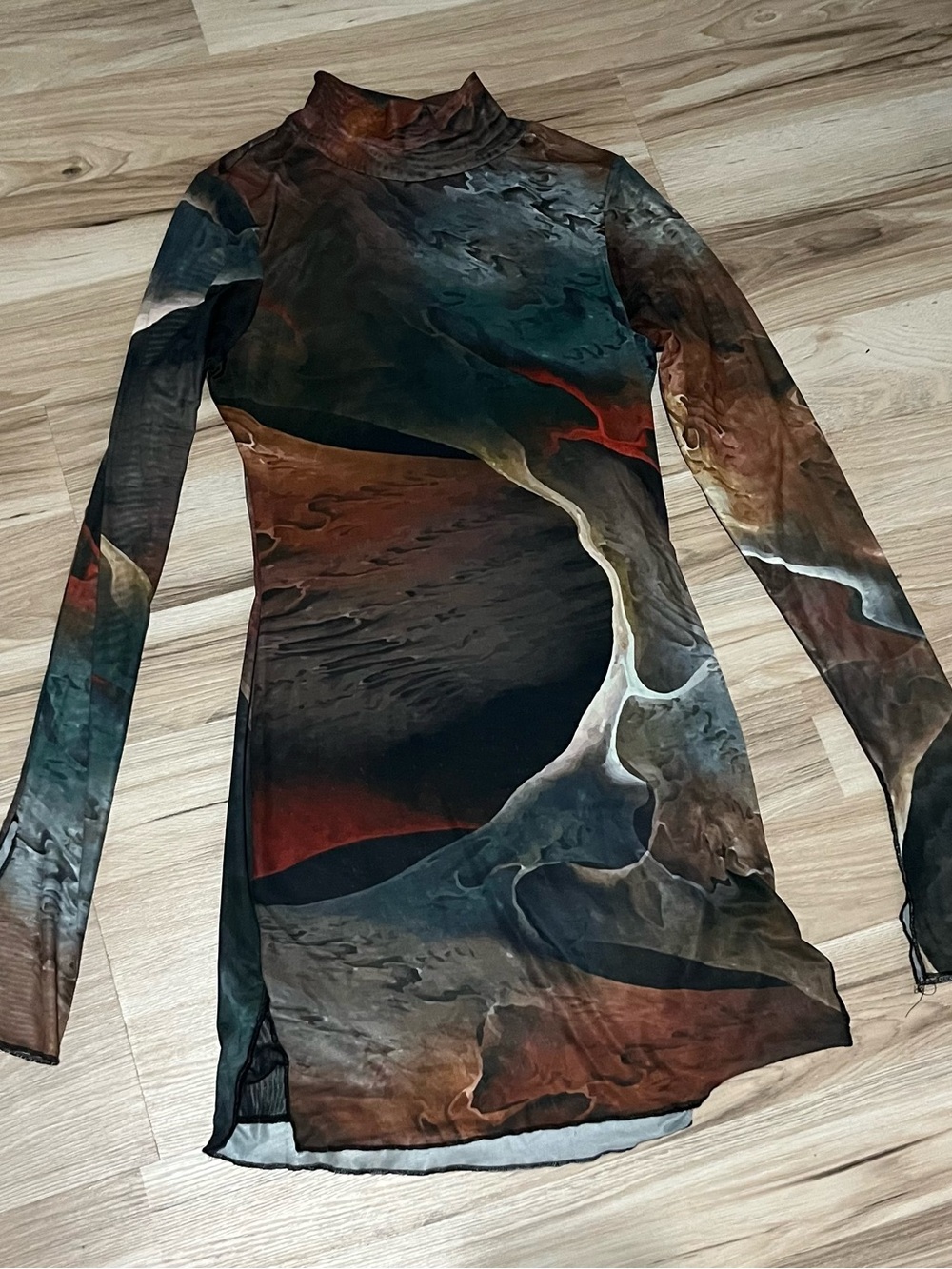 Abstract Print Sheer Long-Sleeve Mock Neck Dress in Multi-Color